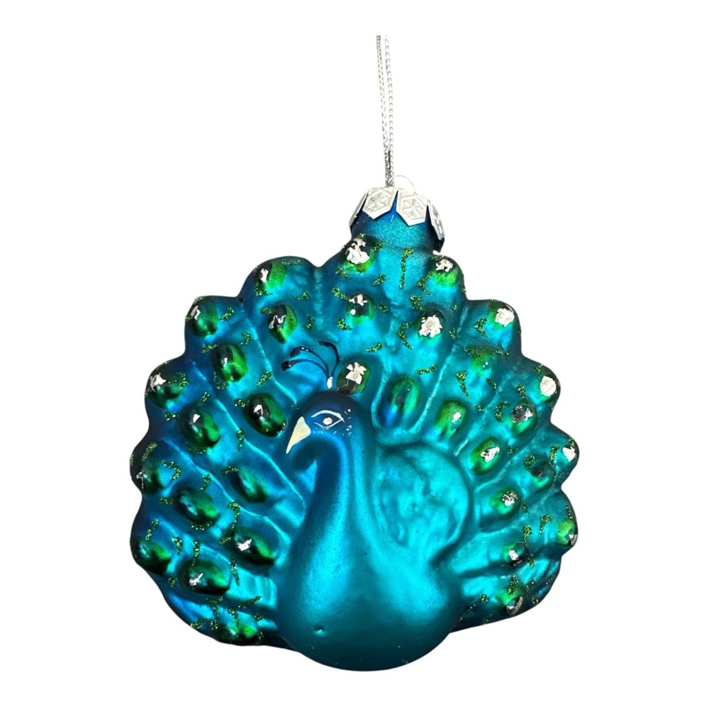 Vintage Peacock Ornament Large Bird Handpainted Blue Silver Toned Glass 4"